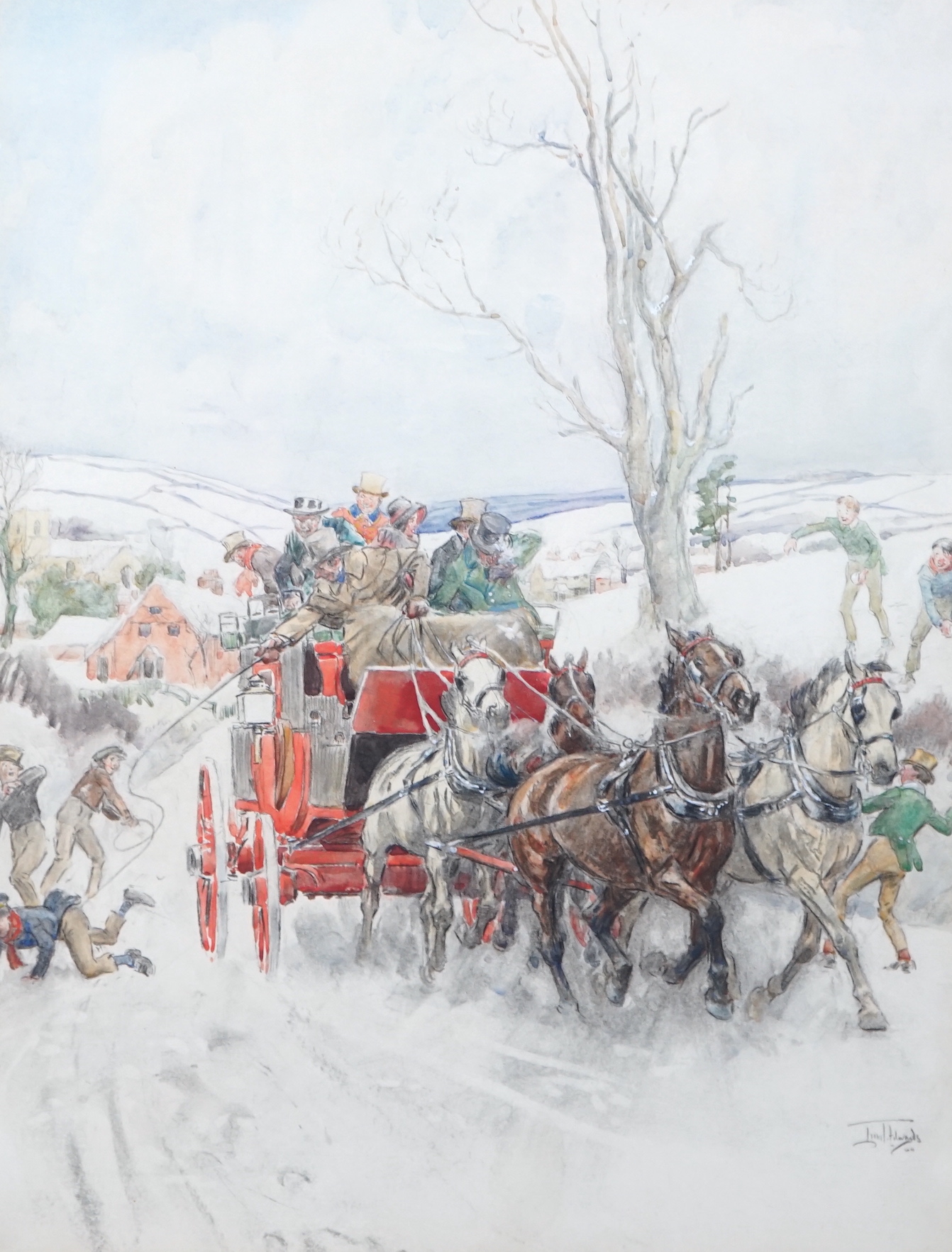 Lionel Edwards (English, 1878-1966), 'Snowballing the stagecoach', watercolour, 49 x 38cm